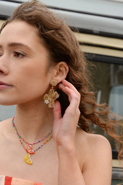 My Doris Hand Beaded Gold Cactus Stud Earrings