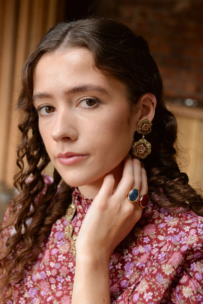 My Doris Hand Beaded Gold Double Flower Stud Earrings