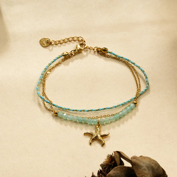 Eclat Paris Triple Gold Chain, Turquoise Rope Sea Charm Bracelet