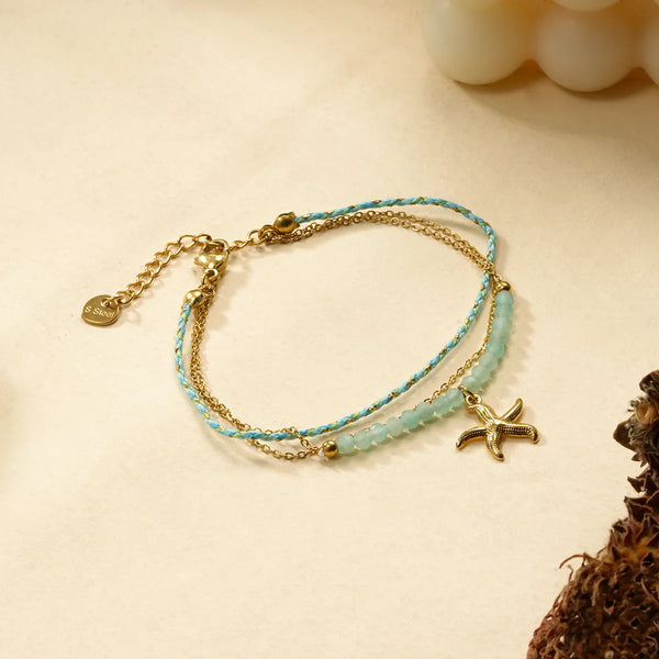 Eclat Paris Triple Gold Chain, Turquoise Rope Sea Charm Bracelet