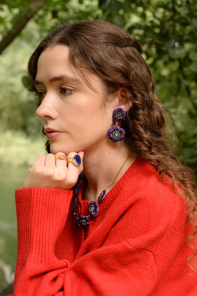 My Doris Hand Beaded Purple Double Flower Stud Earrings