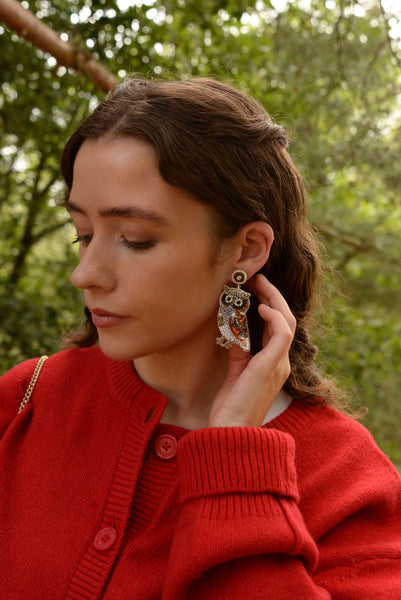 My Doris Hand Beaded Owl Stud Earrings