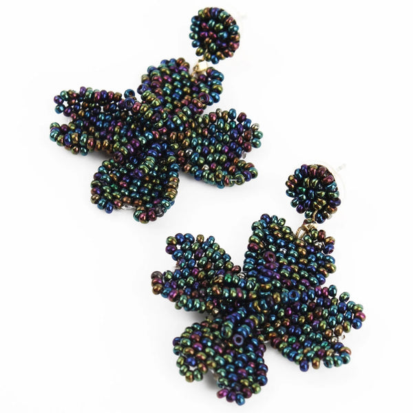 My Doris 3D Statement Hand Beaded Petrol Flower Stud Earrings