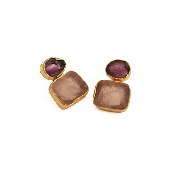 El Joyero Handmade Raw Garnet & Rose Quartz Gemstone Stud Earrings