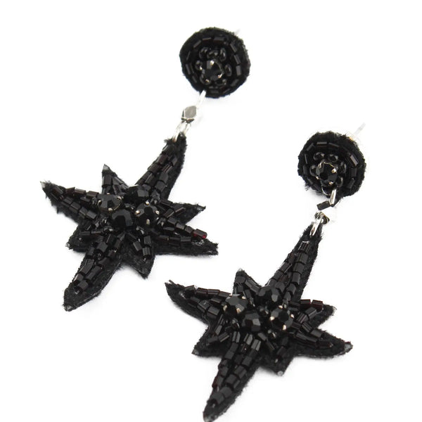 My Doris Black Hand Beaded Drop Star Statement Stud Earrings