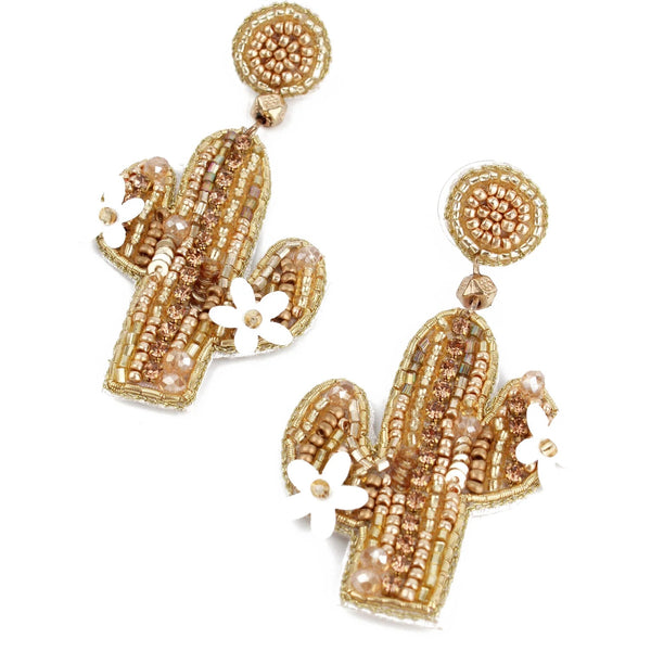 My Doris Hand Beaded Gold Cactus Stud Earrings