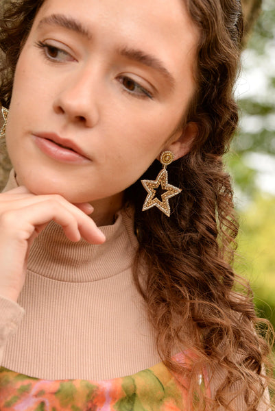 My Doris Statement Hand Beaded, Gold Star Stud Earrings
