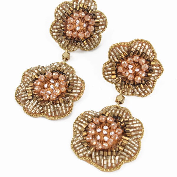 My Doris Hand Beaded Gold Double Flower Stud Earrings