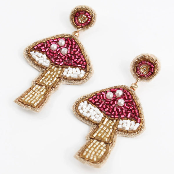 My Doris Statement Hand Beaded Pink Mushroom Stud Earrings