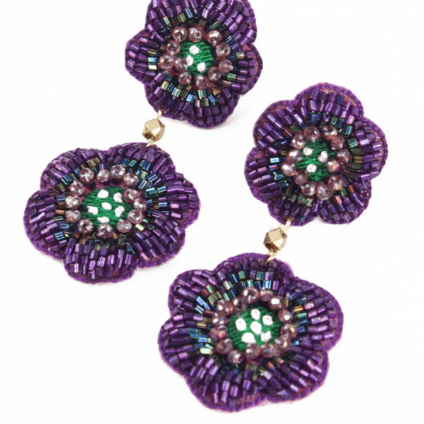 My Doris Hand Beaded Purple Double Flower Stud Earrings