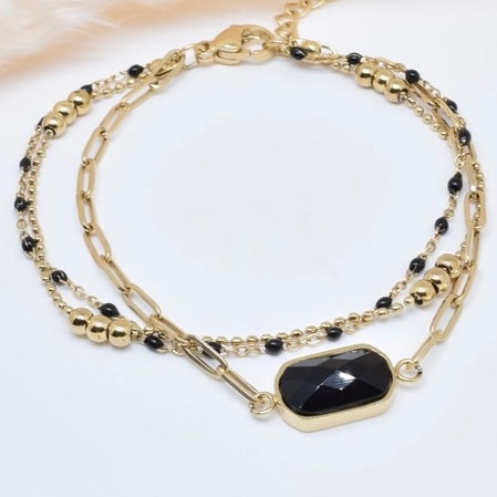 Kapyco Paris Black Agate Triple Gold Bracelet. S/M