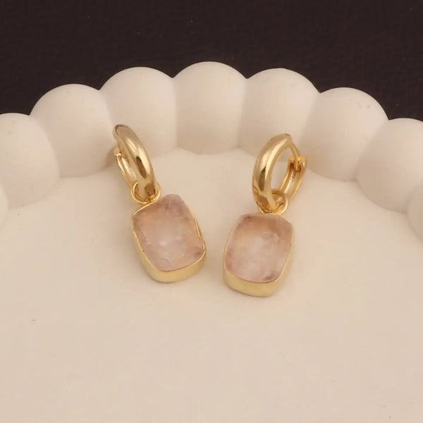 El Joyero Hand Made Raw Rose Quartz Gemstone Huggie Hoop Earrings