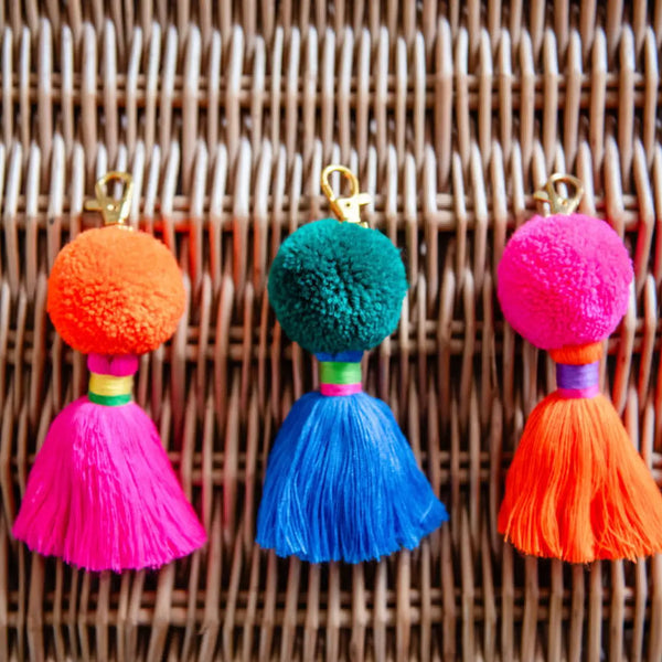 Pom Pom Galore Green & Blue Pom Pom Tassel Keyring, Bag Charm