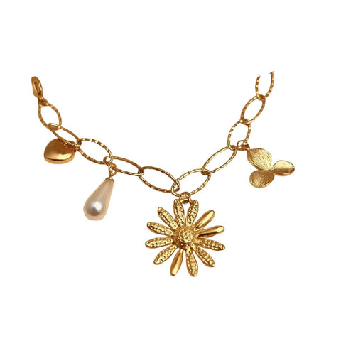 Cosmos Pearl Flower Charm Bracelet