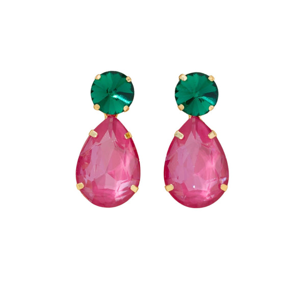 Blossom Pink & Green Glass Crystal Statement Stud Earrings