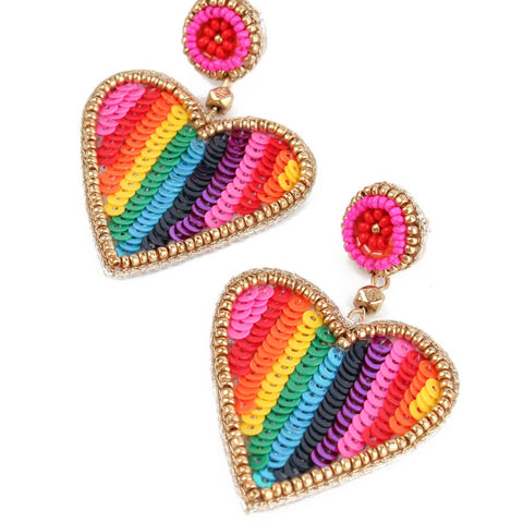 My Doris Hand Beaded Rainbow Heart Earrings