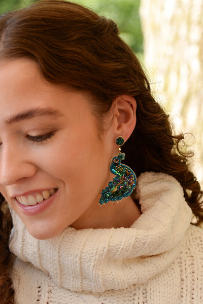 My Doris Hand Beaded Peacock Stud Earrings