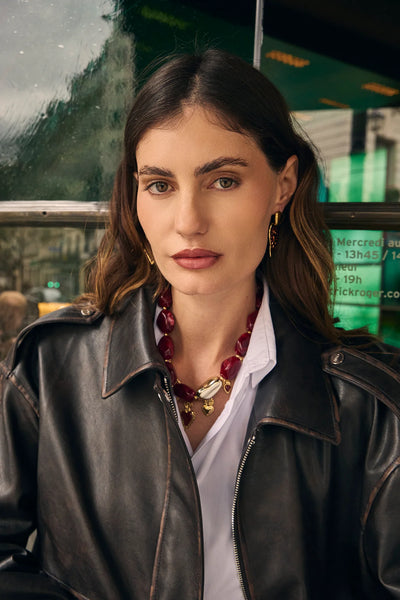 Eclat Paris Burgundy Marbled Resin Statement Necklace