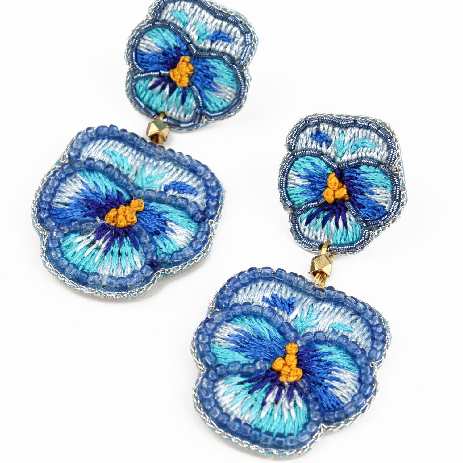 My Doris Hand Beaded Blue Double Pansy Earrings