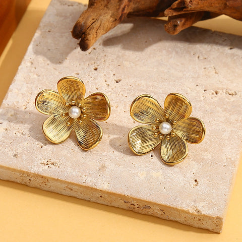 Eclat Paris Gold & Pearl Statement Flower Stud Earrings