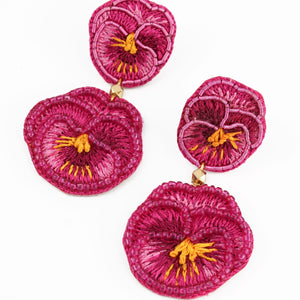 My Doris Hand Beaded Fuchsia Pink Double Pansy Stud Earrings