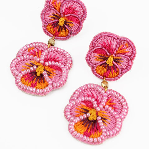 My Doris Hand Beaded Pink Double Pansy Stud Earrings