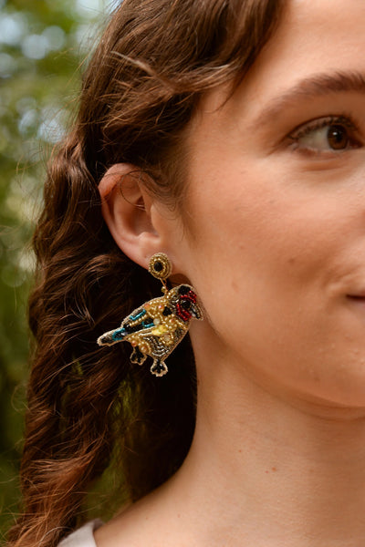 My Doris Hand Beaded Goldfinch Bird Stud Earrings
