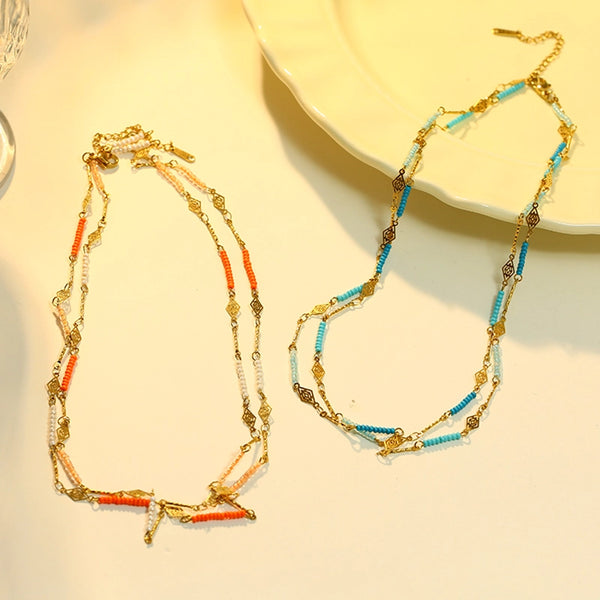 Eclat Paris Gold & Orange Beaded Double Necklace