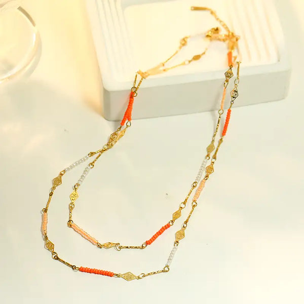 Eclat Paris Gold & Orange Beaded Double Necklace