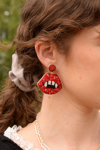My Doris Hand Beaded Halloween Red Fang Lips Stud Earrings
