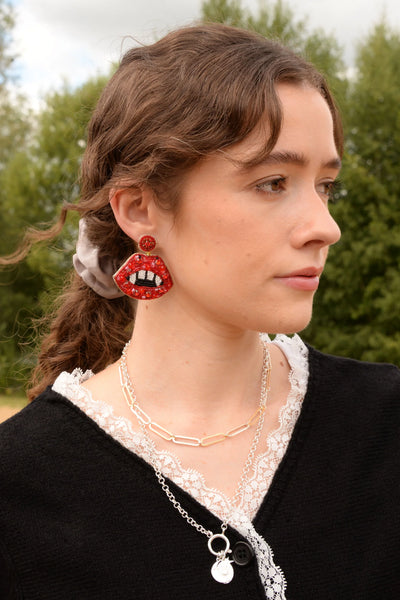 My Doris Hand Beaded Halloween Red Fang Lips Stud Earrings