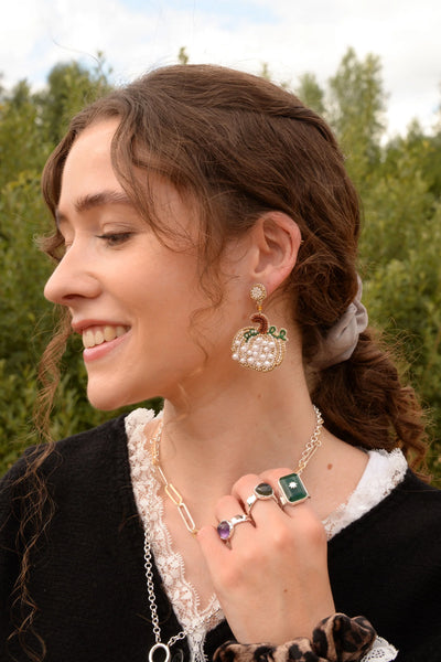 My Doris Hand Beaded Green Pumpkin Stud Earrings