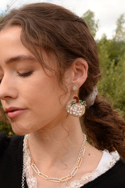 My Doris Hand Beaded White Pumpkin Stud Earrings