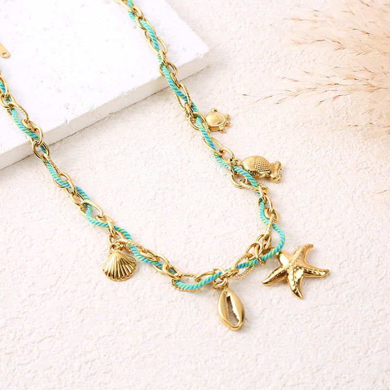 Eclat Paris Gold Chain, Green Rope Sea Charm Necklace