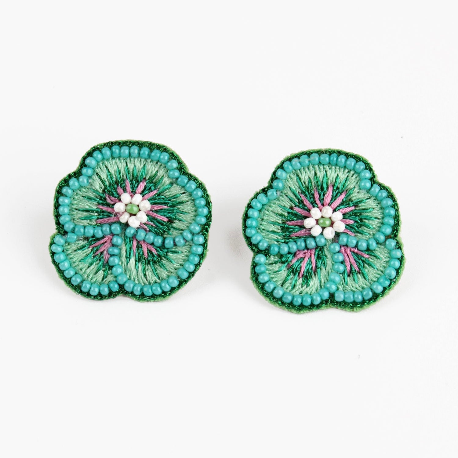 My Doris Hand Beaded Mint Pansy Earrings