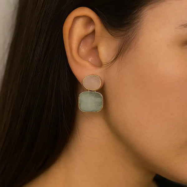El Joyero Raw Rose Quartz & Green Strawberry Quartz Stud Earrings