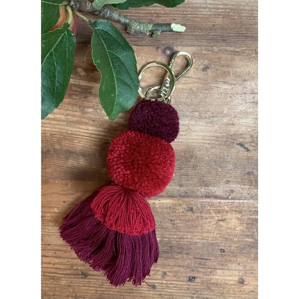 Pom Pom Galore, Burgundy & Dark Red Pom Pom, Tassel Keyring, Bag Charm
