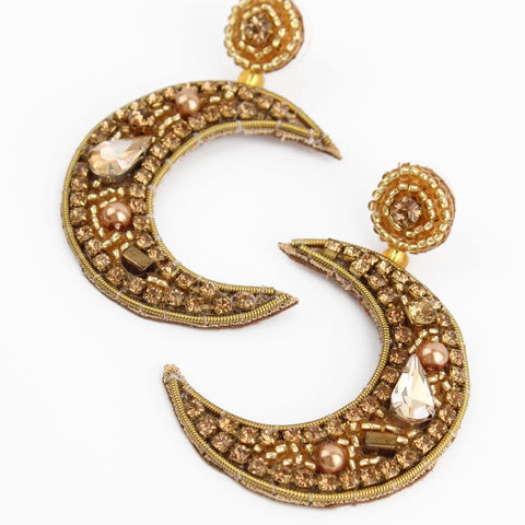 My Doris Statement Hand Beaded Gold Moon Stud Earrings