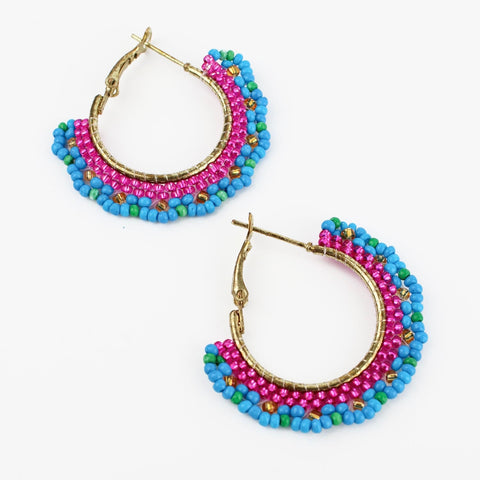 My Doris Turquoise & Pink Beaded Hoop Earrings