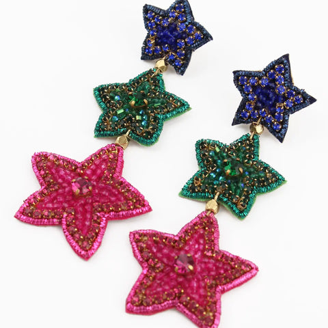 My Doris Hand Beaded Statement Rainbow Triple Star Stud Earrings