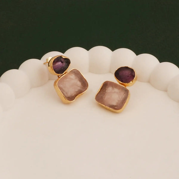 El Joyero Handmade Raw Garnet & Rose Quartz Gemstone Stud Earrings