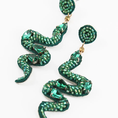 My Doris Green Hand Beaded Statement Snake Stud Earrings