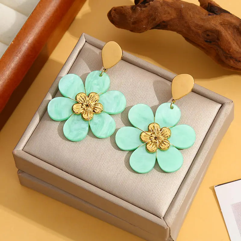 Eclat Paris Statement Aqua Flower Stud Earrings