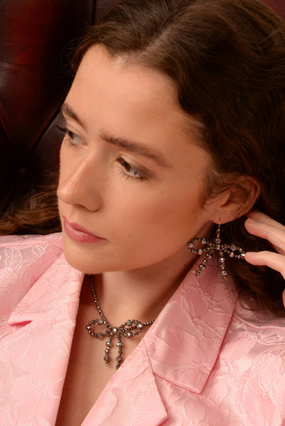 My Doris Hand Beaded Silver Bow Earrings