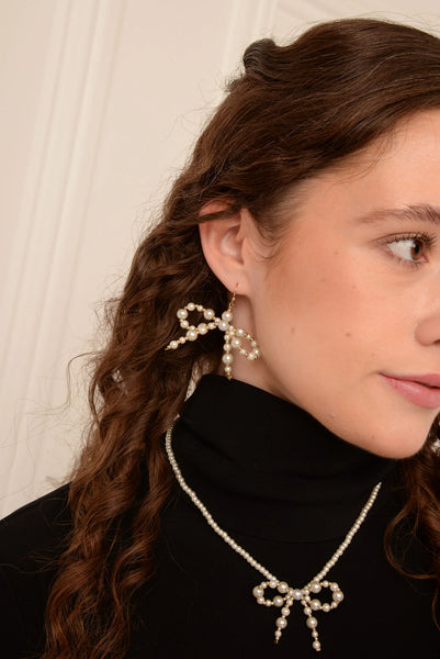 My Doris Hand Beaded White Pearl Bow Earrings