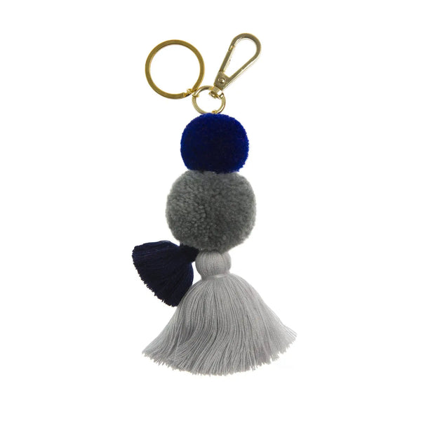 Pom Pom Galore Indigo Blue & Grey,Pom Pom Tassel  Keyring, Bag Charm