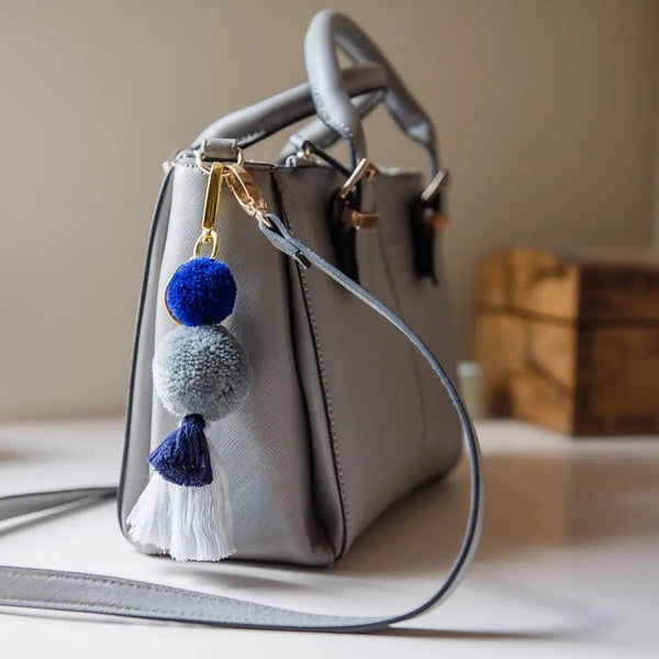 Pom Pom Galore Indigo Blue & Grey,Pom Pom Tassel  Keyring, Bag Charm