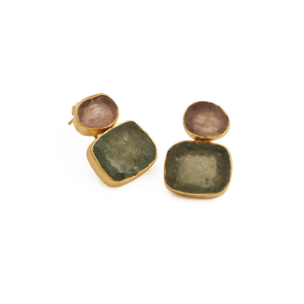 El Joyero Raw Rose Quartz & Green Strawberry Quartz Stud Earrings
