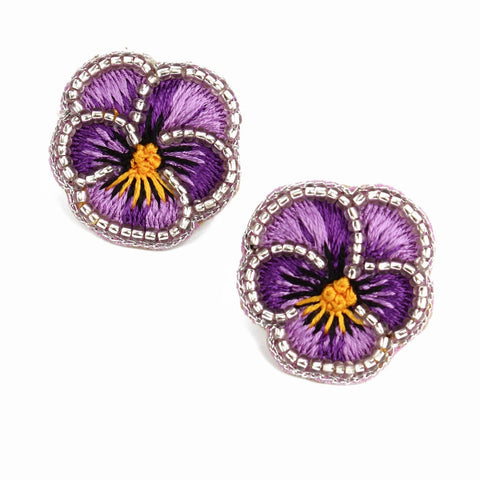 My Doris Hand Beaded Purple Pansy Stud Earrings