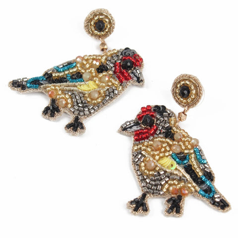 My Doris Hand Beaded Goldfinch Bird Stud Earrings